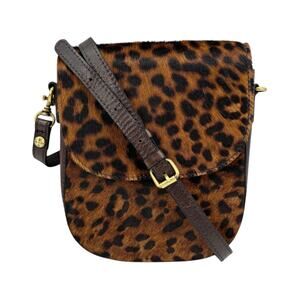 Patricia Nash Leopard Animal Print Calf Half Brown Leather Crossbody Saddle Bag